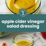 A jar of yellow apple cider vinegar salad dressing with a spoon, shown from above and the side, on a marble surface.