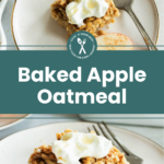 A serving of baked apple oatmeal topped with yogurt sits on a white plate with a fork.