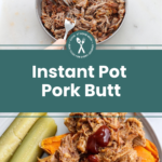 A bowl of shredded pork being pulled with two forks and a plate with shredded pork, barbecue sauce, pickles, and sweet potato chips.