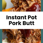 Close-up of shredded pork butt with barbecue sauce, served on a plate with coleslaw and a pickle, framed by a green border with a circular cooking-themed logo at the bottom.