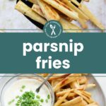 Baked parsnip fries arranged on a plate with a bowl of dipping sauce topped with chopped green onions.