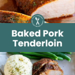 A plate with a sliced, seasoned baked pork tenderloin, mashed potatoes, and green beans.