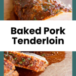 Baked pork tenderloin topped with herbs and sauce on a wooden cutting board.
